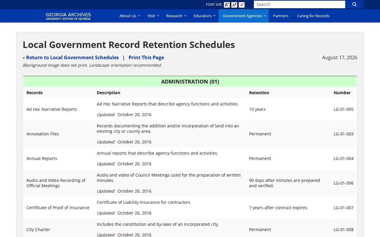 Georgia Archives retention schedule for Walton County booking records