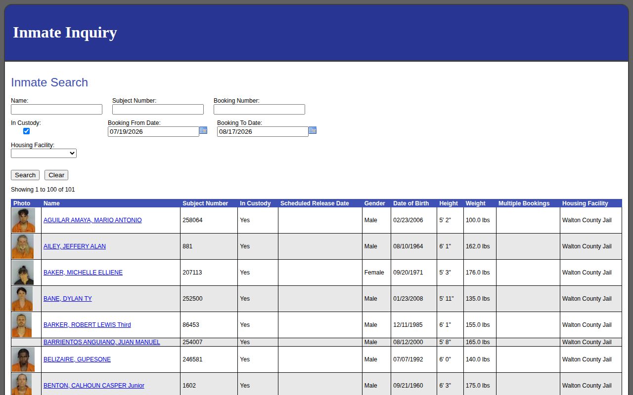 Walton County jail roster search fields and booking record photo column